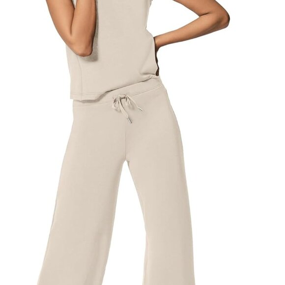 Beige X-large Summer Women's Two Piece Set with Mock Neck and Wide Leg Crop Pant - Picture 2 of 6